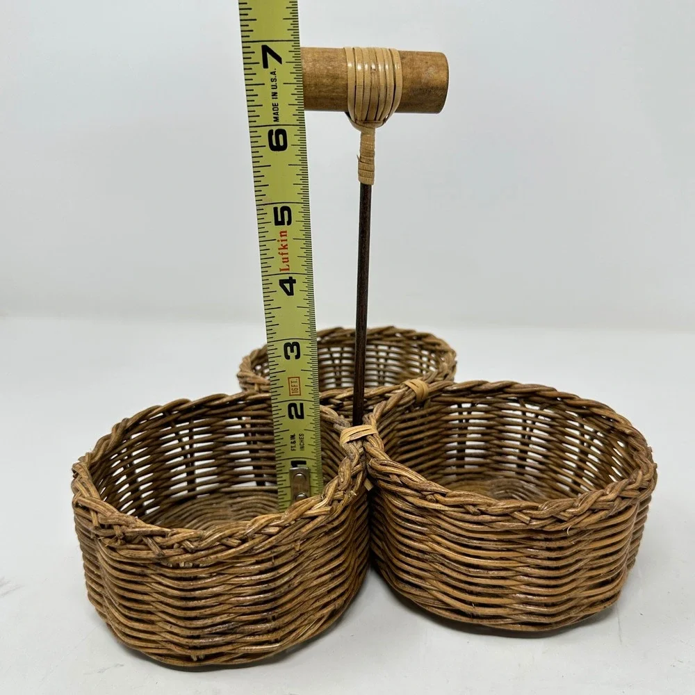 Vintage Wicker 3 Section Caddy Basket Wood Handle Brown Boho Farmhouse Cottage